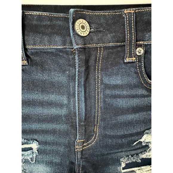 American Eagle Hi Rise Shortie Blue Denim Shorts 2" Stretch Womens 6 Distressed - Picture 3 of 7